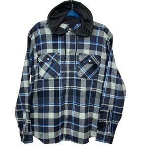 Oneill Liam Hooded Flanel Shirt Sz M Black Blue Plaid Snap Button Lumberjack NWT